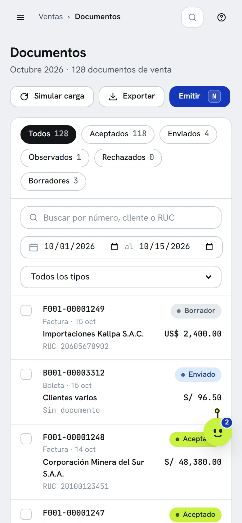 Lista de documentos en el teléfono