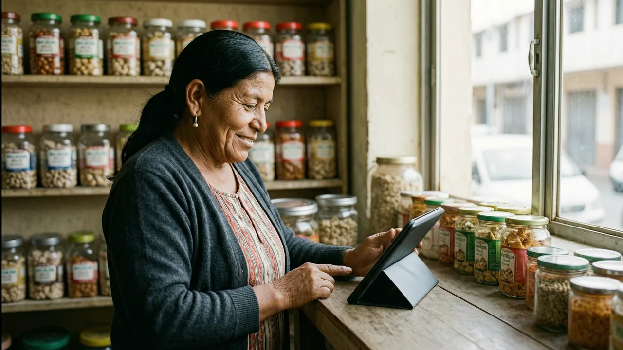 Dueña de una bodega atendiendo a un cliente