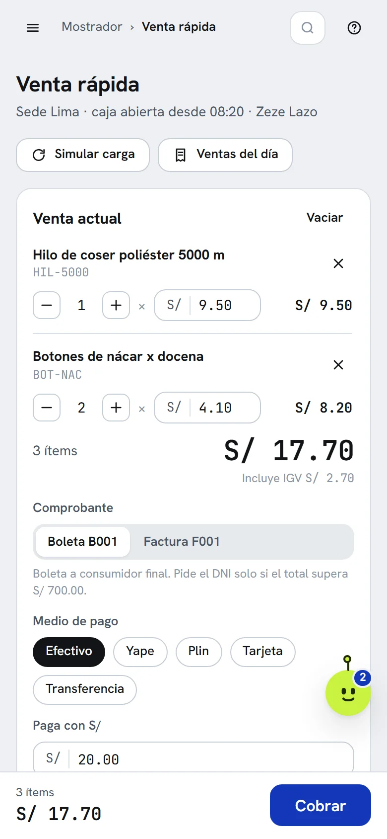 Mostrador de ventas en el teléfono